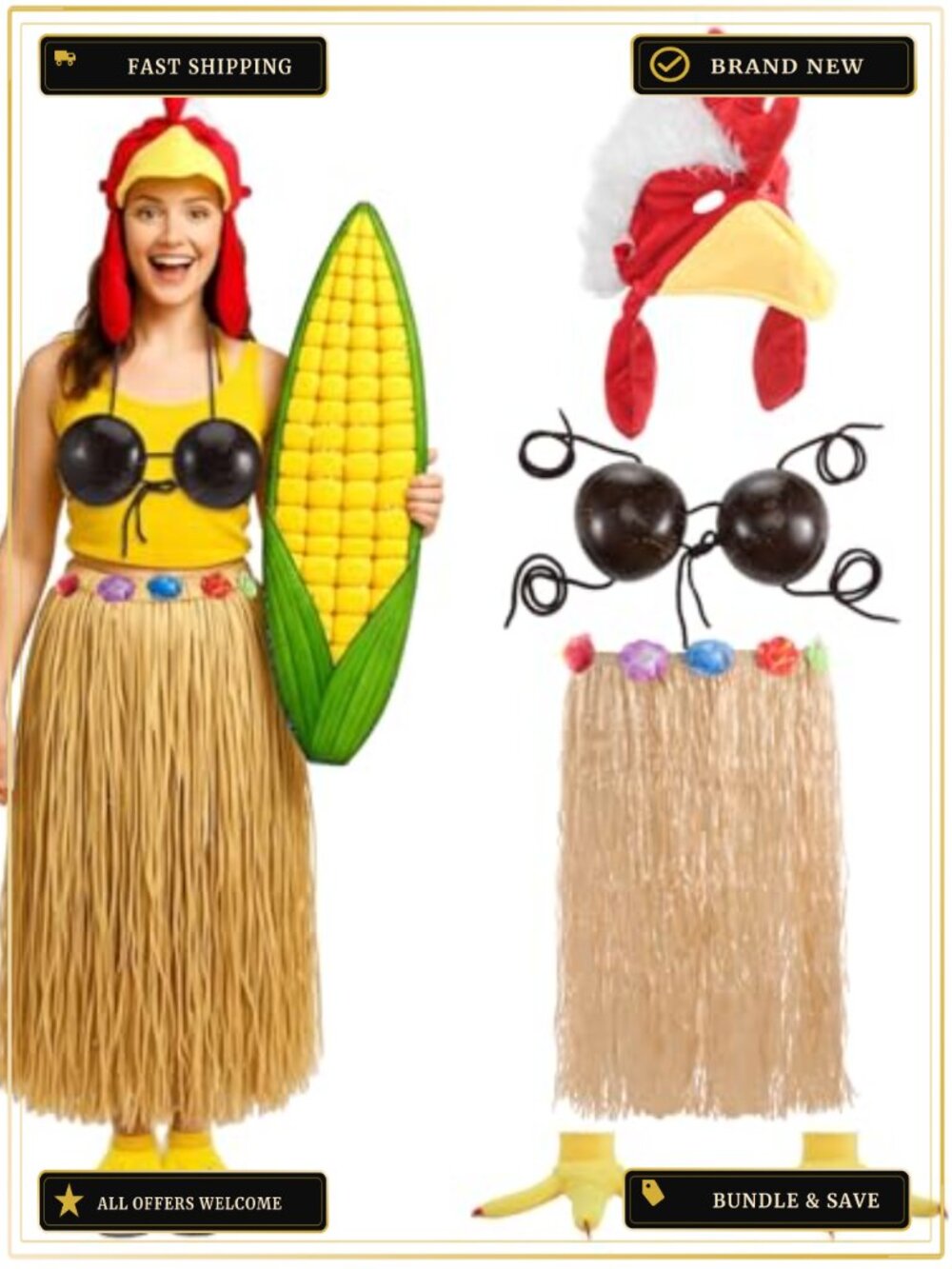 Chicken Costume Set Grass Skirt Coconut Bra Rooster Hat Shoe Covers